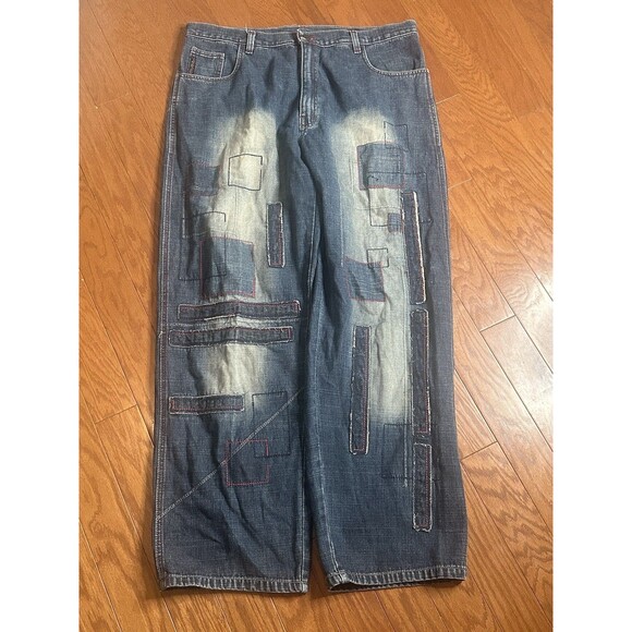 Vintage Akademiks Jeans Baggy Y2K Mens 38 Denim Patchwork Wide Leg JNCO Style - Picture 1 of 8